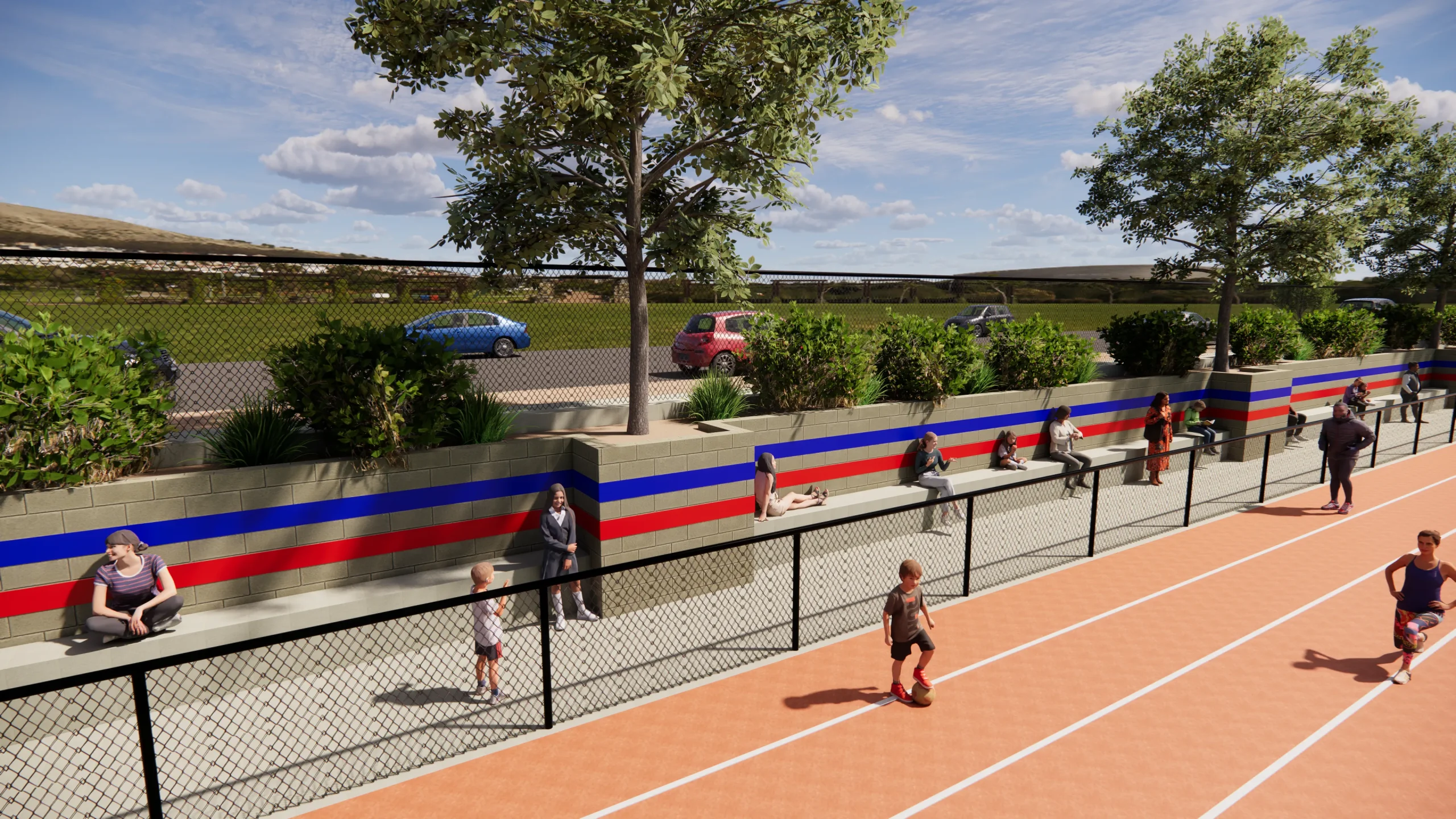 Marshall Track and Field rendered image showing the site wall with built in seating, clad with school colors. Kids and parents are using the space to sit and play.