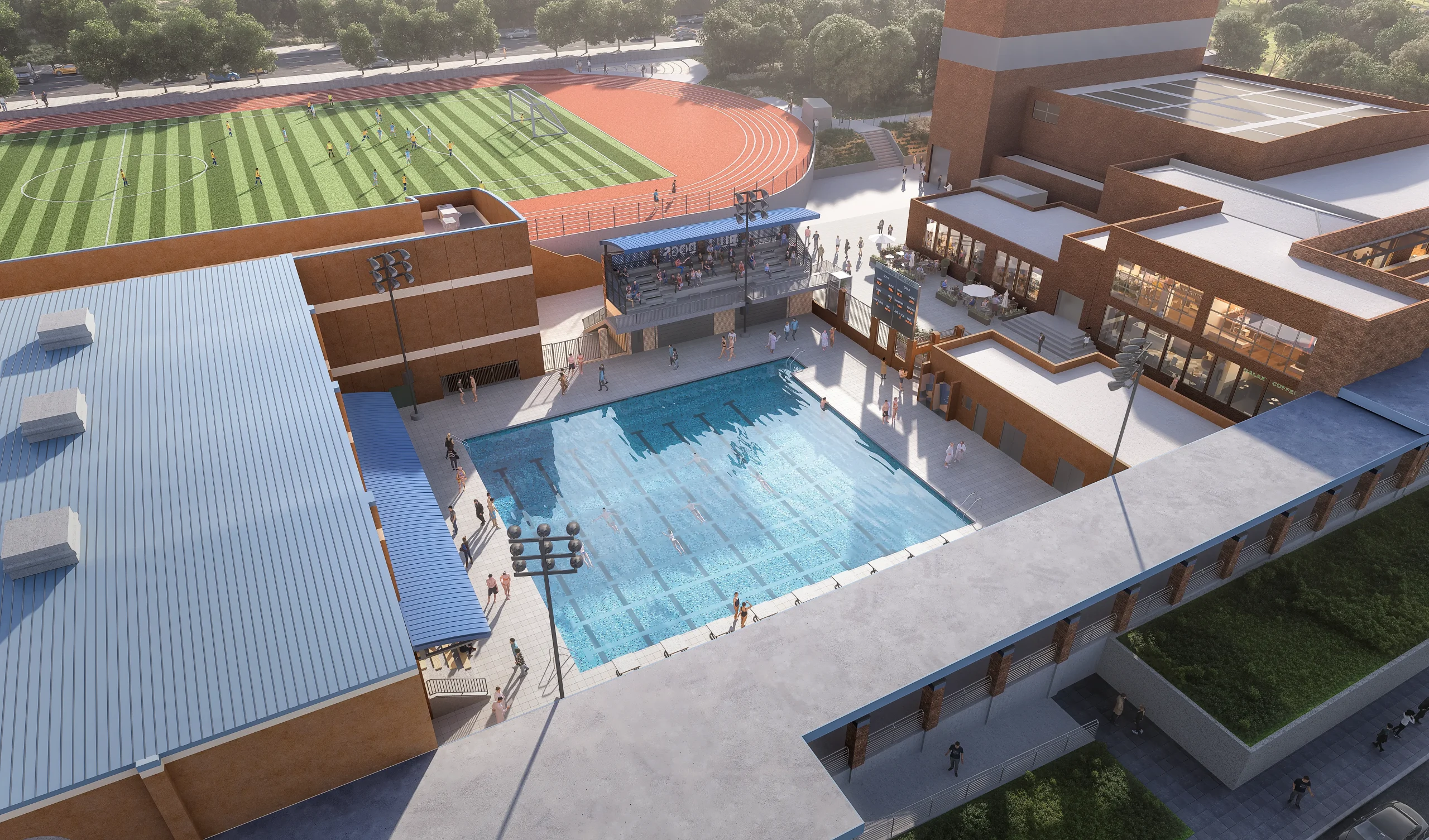 an aerial 3D render of the aquatics center modernization show the revitalized pool and spectator seating with the adjacent track and field in the background